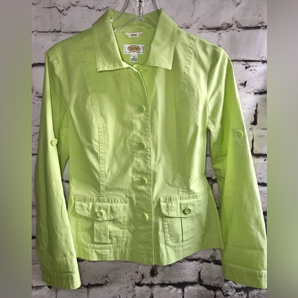 TALBOTS Petite Size 4P Lime Green lightweight Safari cotton blazer jacket - Picture 7 of 15